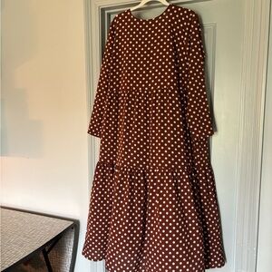Polka Dot Long Sleeve Midi Dress - Brown/White